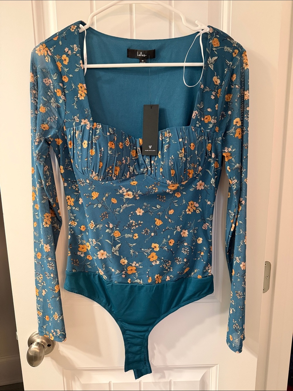 Lulu's Teal Floral Long Sleeve Bodysuit with Yellow Blooms